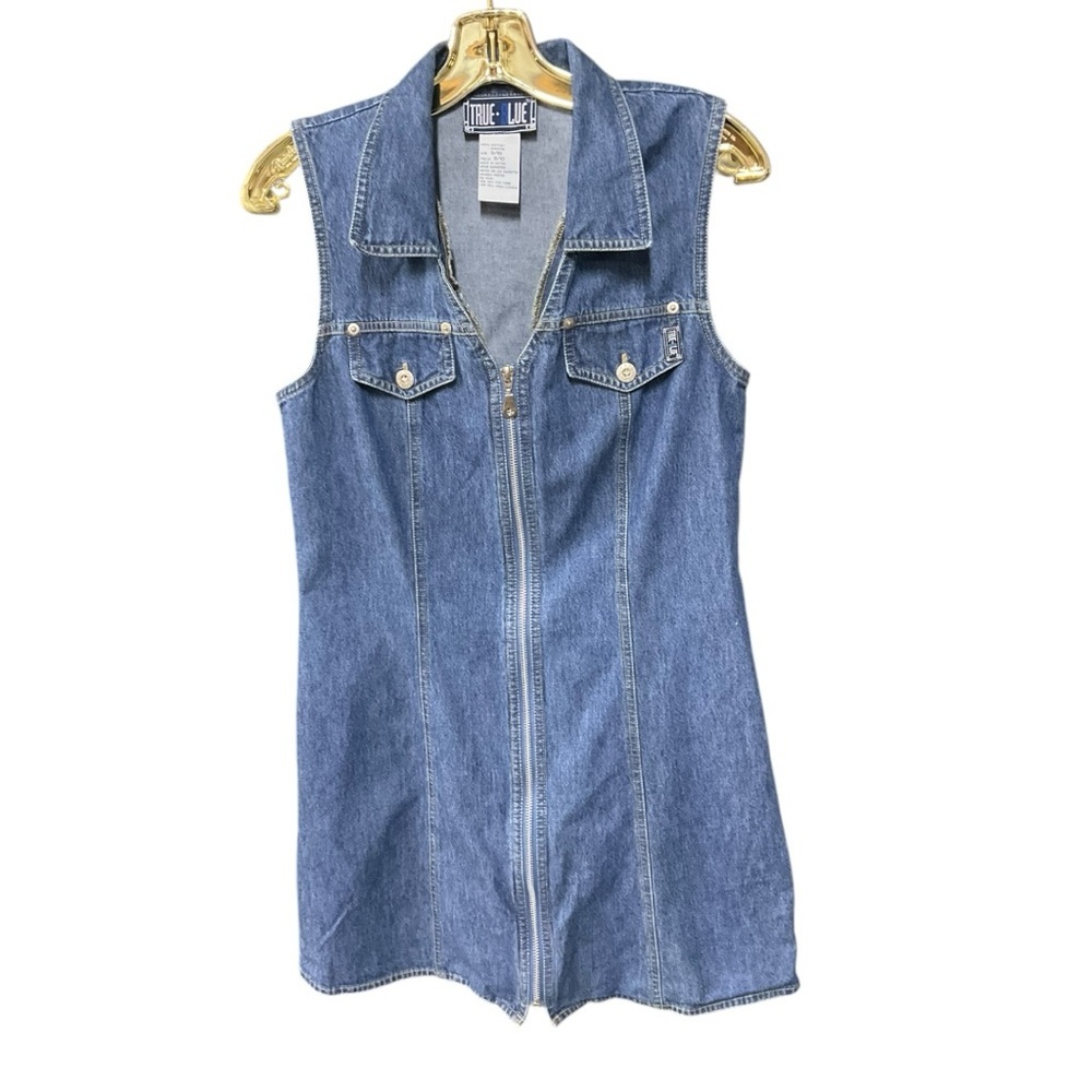 Vintage True Blue Denim Zip Up 90’s Mini Dress Classic Western Size 9/10 - Picture 2 of 7